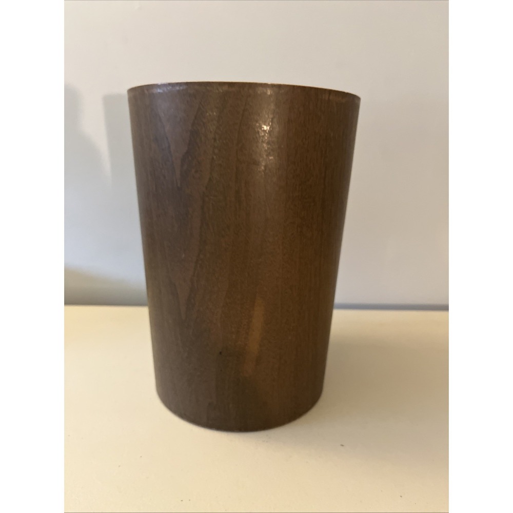 Vintage MCM USA Faux Wood Plastic Round Waste Basket Trash Can Brown 12"